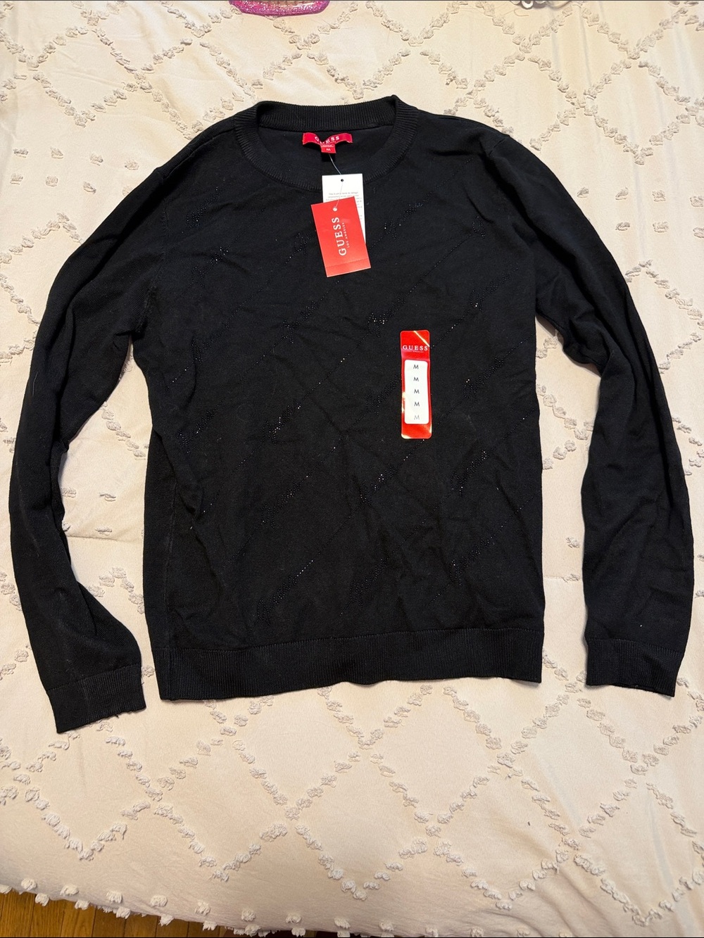 GUESS Women’s Black Crewneck Sweater with Subtle Diamond Knit